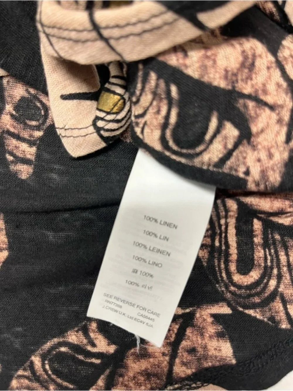 J.Crew black and tan leaf woman’s print top is crafted from linen bohemian 1529